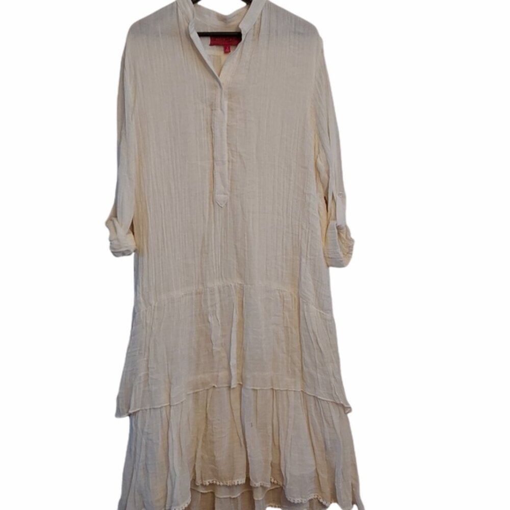 Heidi Merrick Cotton long sleeve button front tiered dress Cream Size Small
